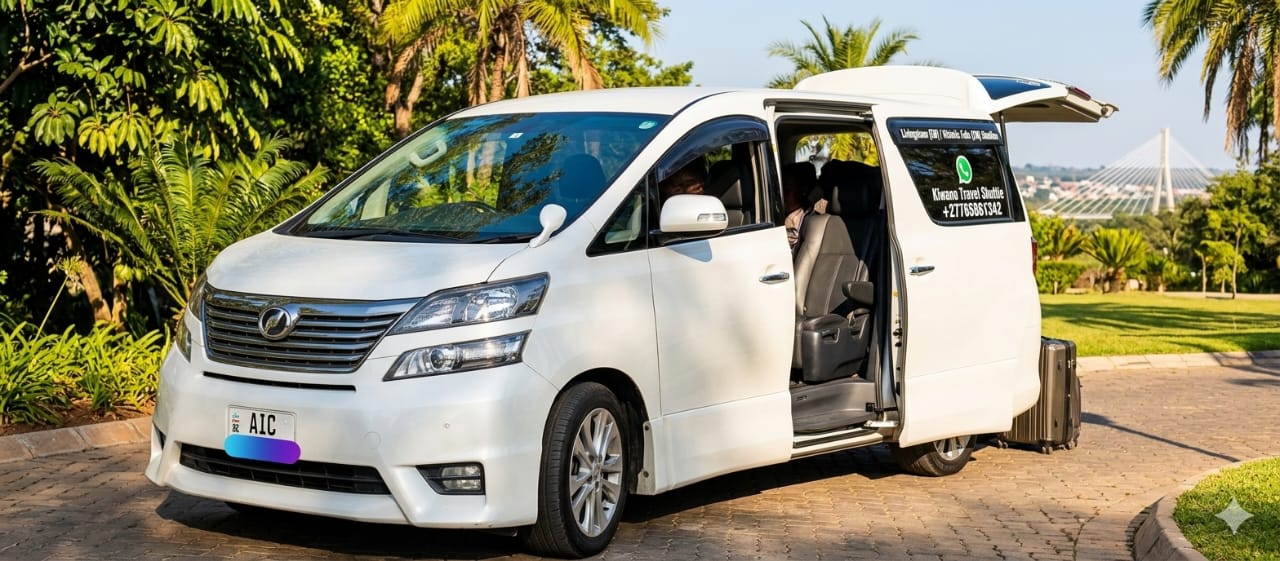 Passenger minivan with open sliding door and luggage